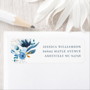 Elegant Blauw Waterverf Bloemen Retouradres Etiket