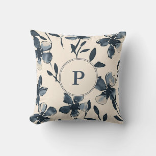 Elegant Blauw Waterverf Bloemenkleuren Monogram Cr Kussen