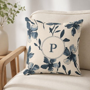 Elegant Blauw Waterverf Bloemenkleuren Monogram Cr Kussen