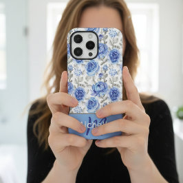 Elegant Blauw Waterverf Bloemmotief Aangepaste Naa iPhone 16 Pro Max Hoesje