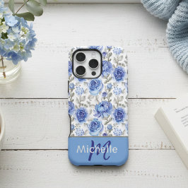Elegant Blauw Waterverf Bloemmotief Aangepaste Naa iPhone 16 Pro Max Hoesje