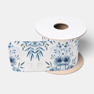 Elegant Blauw Waterverf Bloemmotief Satijnen Lint
