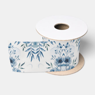 Elegant Blauw Waterverf Bloemmotief Satijnen Lint