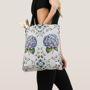 Elegant Blauw Waterverf Bloemmotief Tote Bag