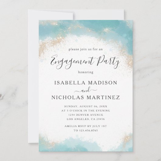 Elegant Blauw Waterverf Goud Verlovingsfeest Kaart (Voorkant)