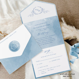 Elegant Blauw Waterverf Monogram Trouw Alles of Ni All In One Uitnodiging