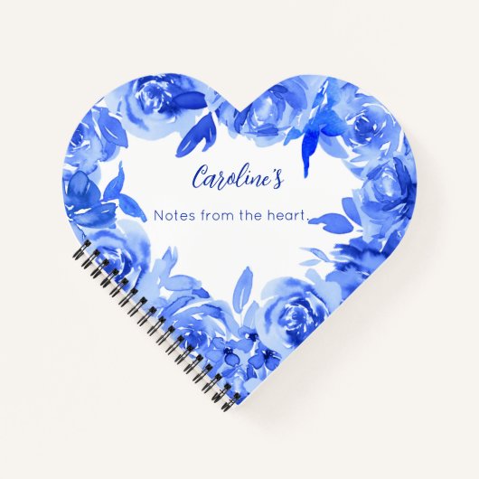 Elegant blauw waterverf rozen hart notitieboek (Voorkant)