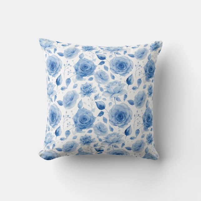 Elegant blauw Waterverf Rozen kussen - Floral Home (Voorkant)