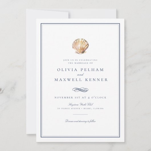 Elegant Blauw Waterverf Seashell Ocean Wedding Kaart (Voorkant)