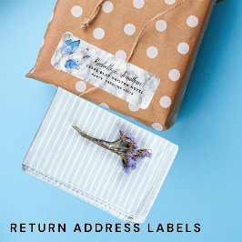 Elegant blauw waterverf vlinder retouradres etiket