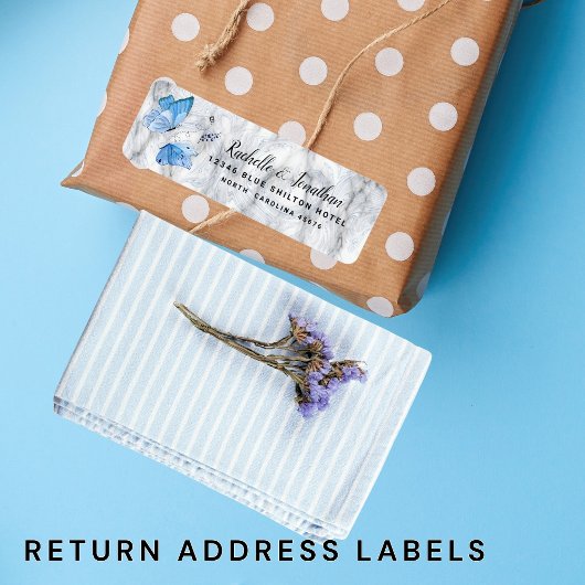 Elegant blauw waterverf vlinder retouradres etiket