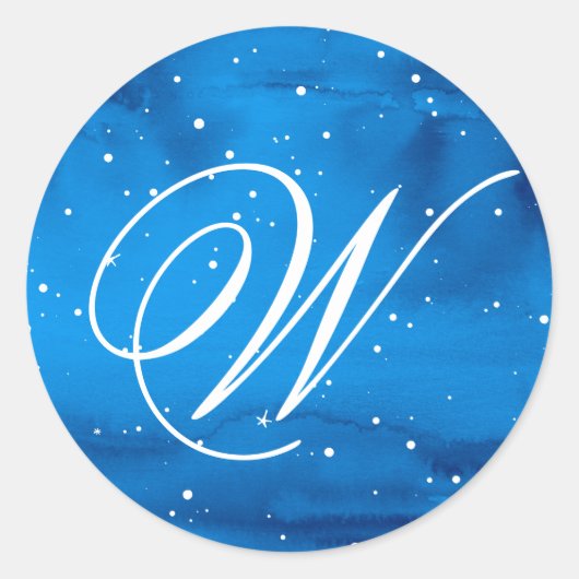 Elegant Blauw Waterverf Wit Sneeuwscript Monogram Ronde Sticker (Voorkant)