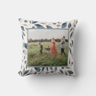 Elegant Blauw Waterverfblad Aangepaste Familiefoto Kussen
