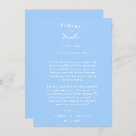 Elegant Blauw Welkom & dank u Trouwnota (Voorkant / Achterkant)