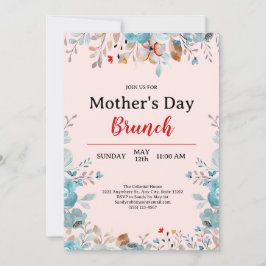 Elegant Blauw Wildbloemen Roze Moederdag Brunch Kaart