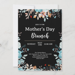 Elegant Blauw Wildbloemen Zwart Moederdag Brunch Kaart