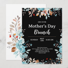 Elegant Blauw Wildbloemen Zwart Moederdag Brunch Kaart
