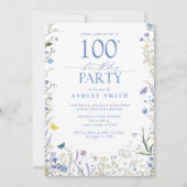 Elegant Blauw Wildflower 100ste Verjaardagsfeest Kaart (Voorkant)