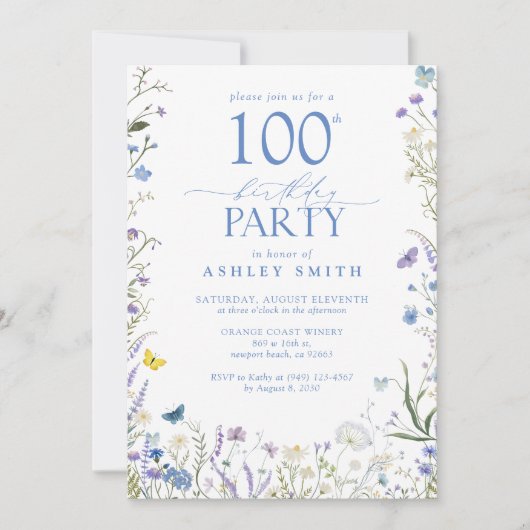 Elegant Blauw Wildflower 100ste Verjaardagsfeest Kaart (Voorkant)