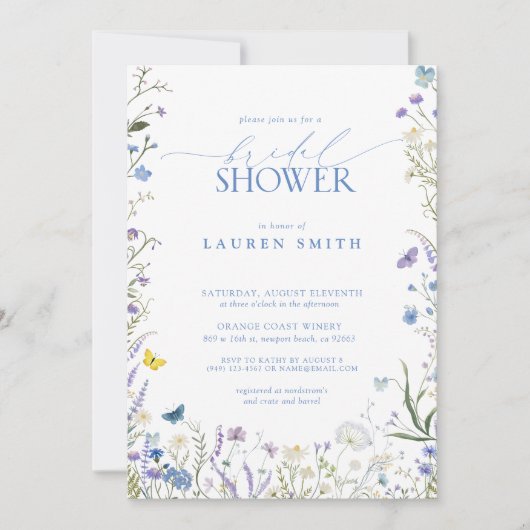 Elegant Blauw Wildflower Bloemen Vrijgezellenfeest Kaart (Voorkant)