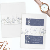 Elegant blauw wildflower monogram bruiloft uitnodigingen wikkel