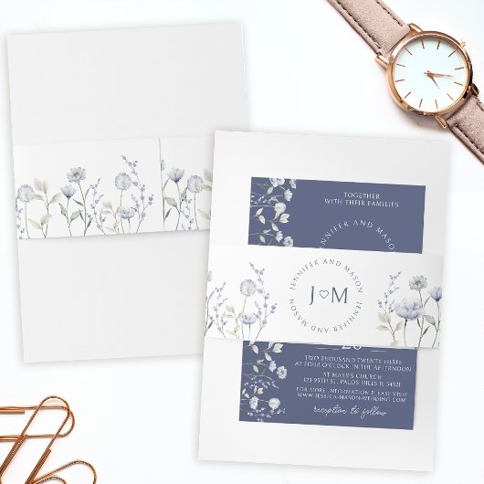 Elegant blauw wildflower monogram bruiloft uitnodigingen wikkel