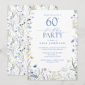 Elegant Blauw Wildflower Volwassene 60ste Verjaard Kaart (Voorkant / Achterkant)