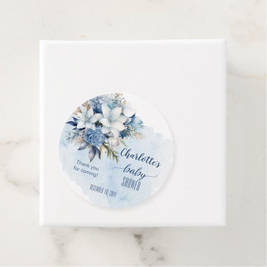 Elegant Blauw Winter Bloemen Jongen Baby shower Bedankjes Labels (In situ)