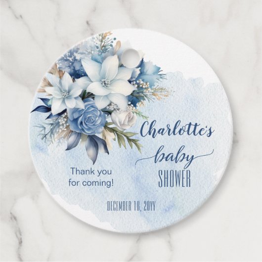 Elegant Blauw Winter Bloemen Jongen Baby shower Bedankjes Labels (Voorkant)