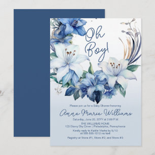 Elegant Blauw Winter Bloemen Jongen Baby shower Kaart