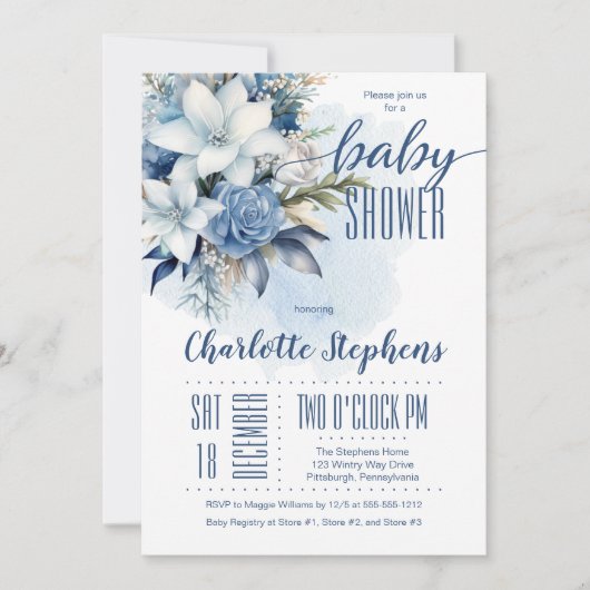 Elegant Blauw Winter Bloemen Jongen Baby shower Kaart (Voorkant)