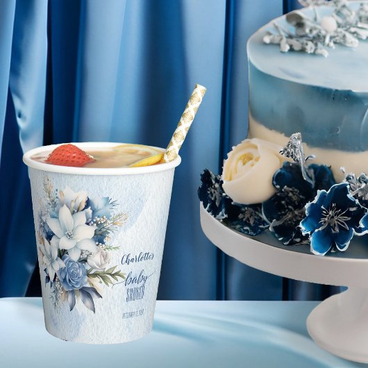 Elegant Blauw Winter Bloemen Jongen Baby shower Papieren Bekers