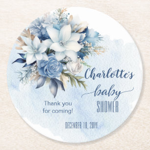 Elegant Blauw Winter Bloemen Jongen Baby shower Ronde Kartonnen Onderzetter