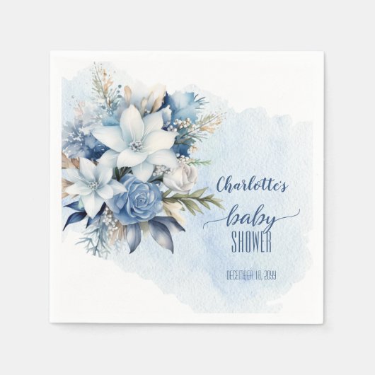 Elegant Blauw Winter Bloemen Jongen Baby shower Servet (Voorkant)