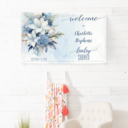 Elegant Blauw Winter Bloemen Jongen Baby shower Spandoek (Insitu)