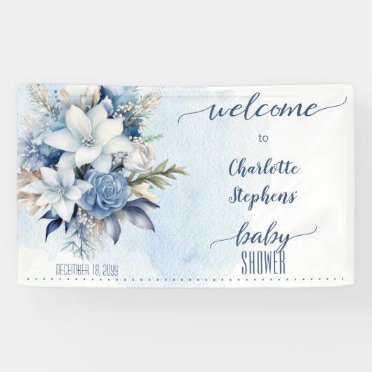 Elegant Blauw Winter Bloemen Jongen Baby shower Spandoek (Horizontaal)