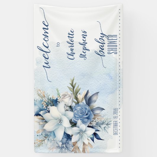 Elegant Blauw Winter Bloemen Jongen Baby shower Spandoek (Verticaal)