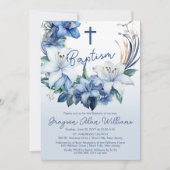 Elegant Blauw Winter Bloemen Jongen Doop Kaart (Voorkant)