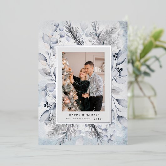 elegant blauw winterblad folie uitnodiging (Staand Voorkant)