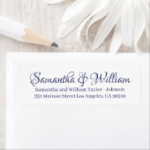 Elegant blauw wit aangepast script naam bruiloft etiket (Insitu)