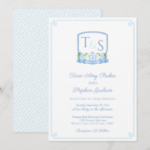 Elegant Blauw-Wit Aquarel Wapenschild Trouwdag