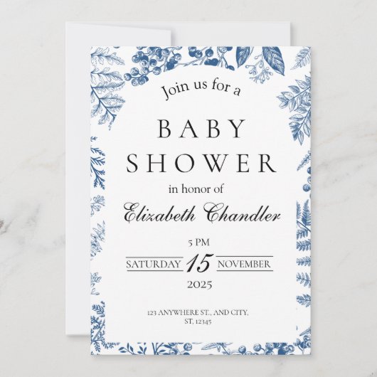 Elegant blauw-wit Baby shower uitnodiging (Voorkant)