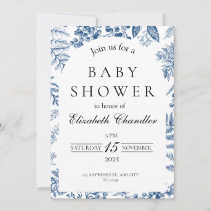 Elegant blauw-wit Baby shower uitnodiging