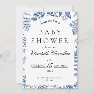 Elegant blauw-wit Baby shower uitnodiging