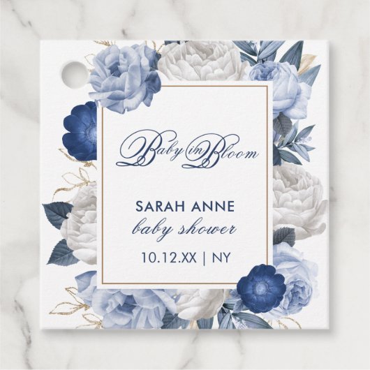 Elegant Blauw & Wit Bloem Baby shower Bedankjes Labels (Voorkant)