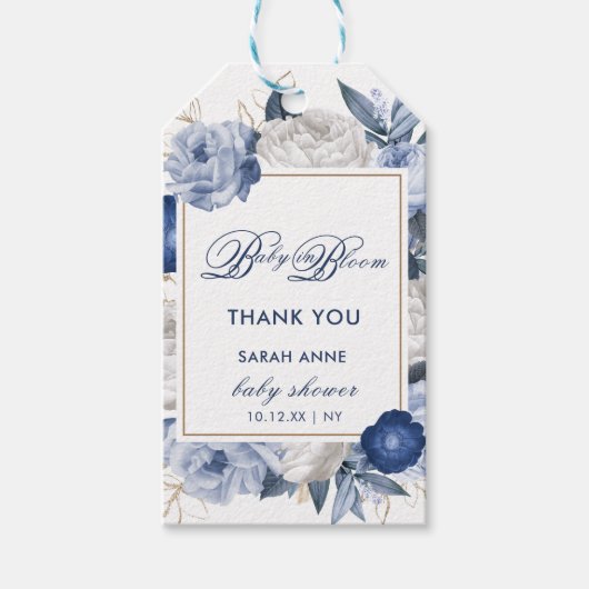 Elegant Blauw & Wit Bloem Baby shower Cadeaulabel (Voorkant)