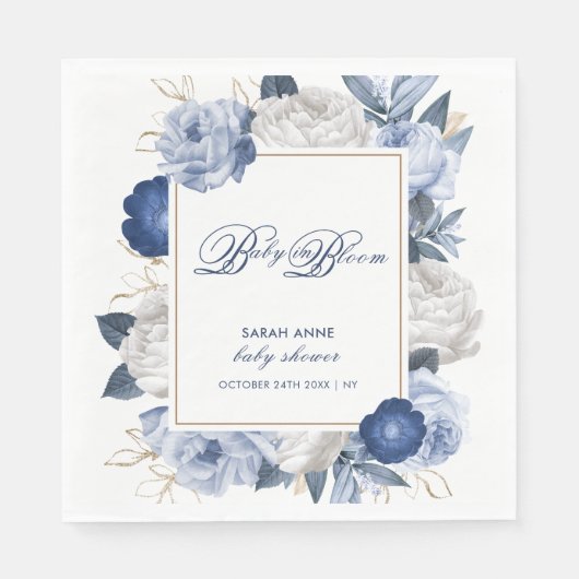 Elegant Blauw & Wit Bloem Baby shower Servet (Voorkant)