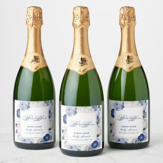 Elegant Blauw & Wit Bloem Baby shower Sparkling Wijnetiket (Flessen)