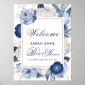 Elegant Blauw Wit Bloem Baby shower Welkom Poster (Voorkant)