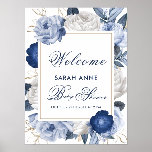 Elegant Blauw Wit Bloem Baby shower Welkom Poster (Voorkant)